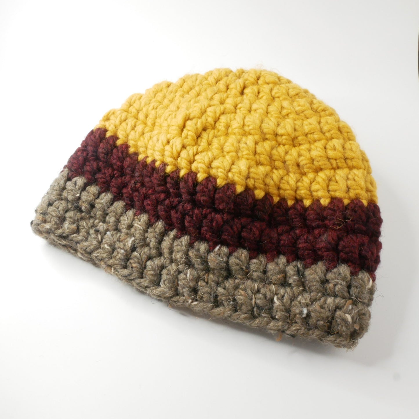 Crocheted yarn beanie with three stripes mustard yellow red brown wool cotton blend